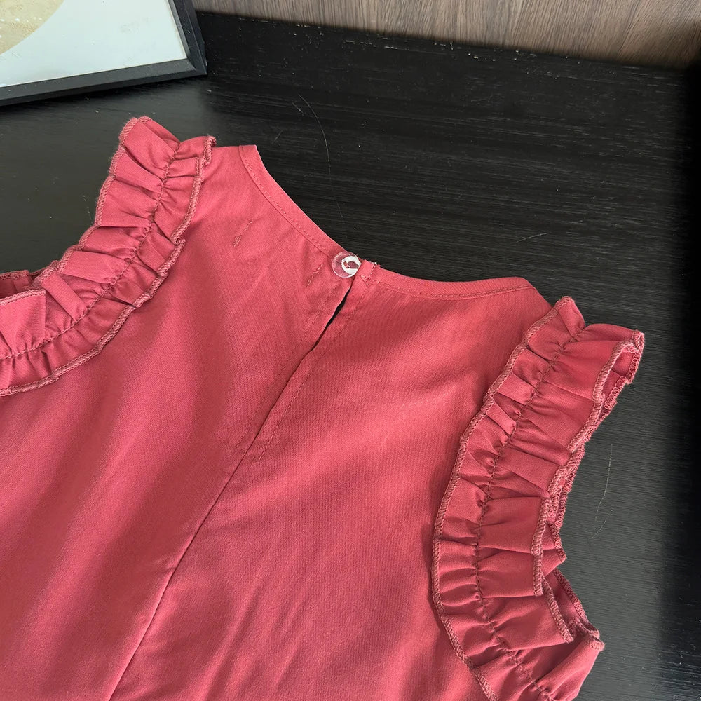 Korean Sleeveless Pleated Girls Dress — Solid Color Round Neck Summer Kids Dress