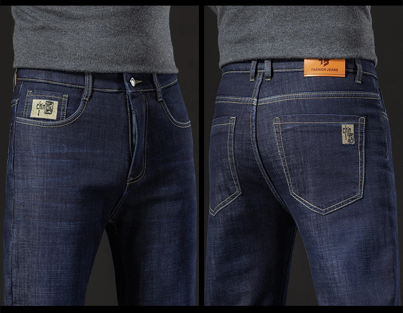 Men's Fleece-Lined Straight Denim Jeans — Warm Thick Winter Stretch Jeans