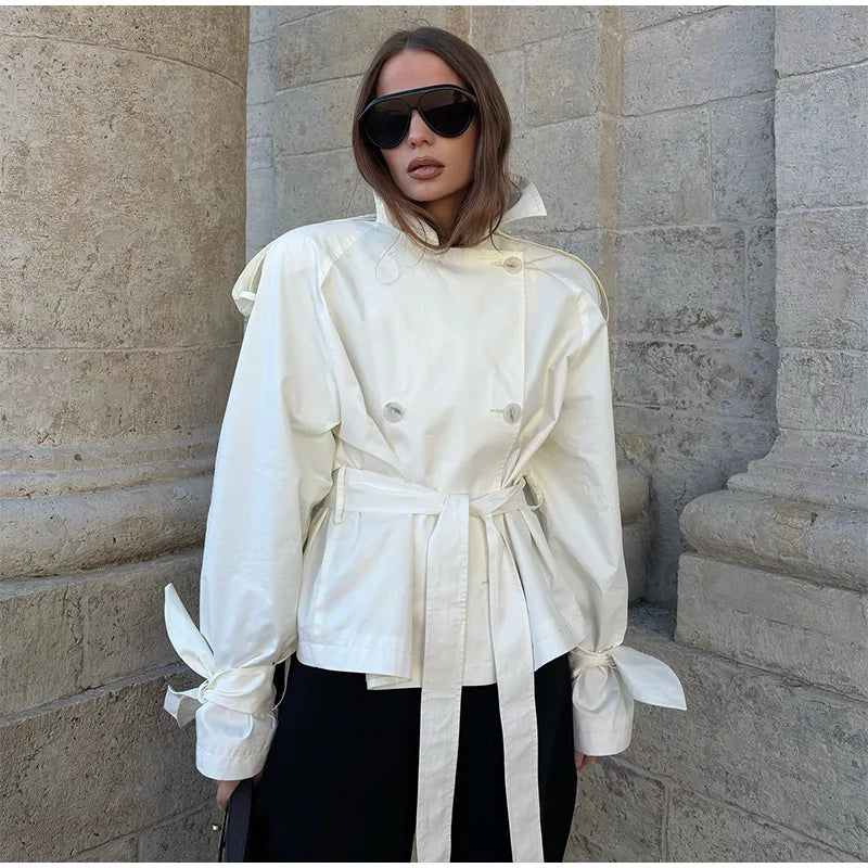 Women's Double-Breasted Cropped Trench Coat – Chic Vintage Office Jacket