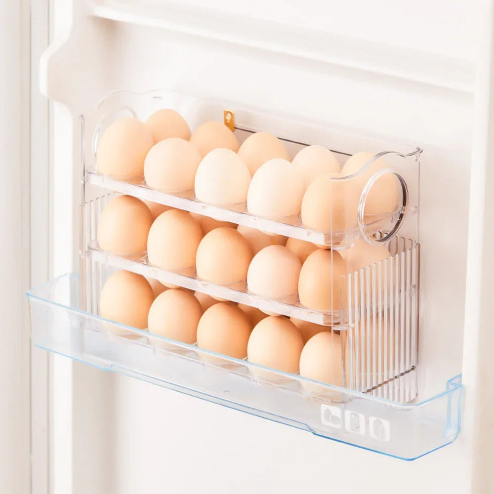 3-Layer Flip Egg Storage Box for Refrigerator – Holds 30 Eggs, Space-Saving Fridge Door Organizer