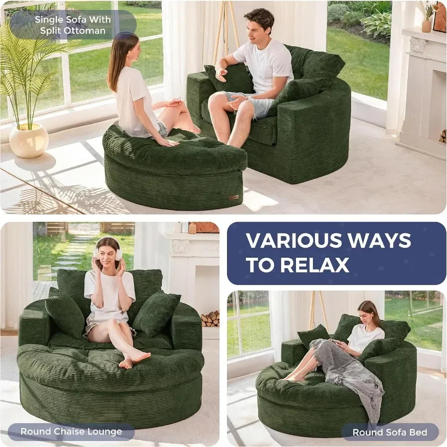 Oversized Round Boneless Chaise Lounge with Ottoman