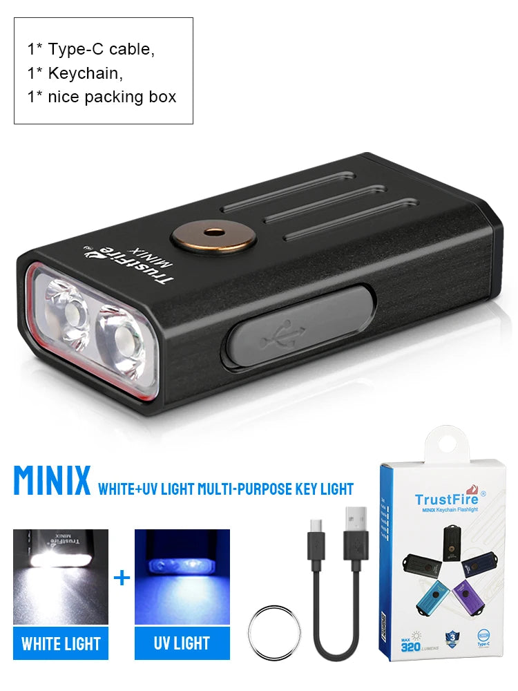 TrustFire MINIX – 320 Lumen Dual-Source Keychain EDC Flashlight, White + UV/Red, Type-C, IP66, Memory Mode