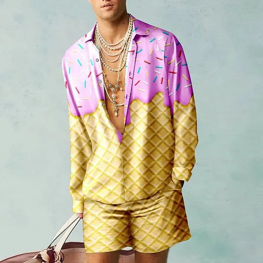 Men's Hawaiian Print Shirt & Drawstring Shorts Beach Vacation Set