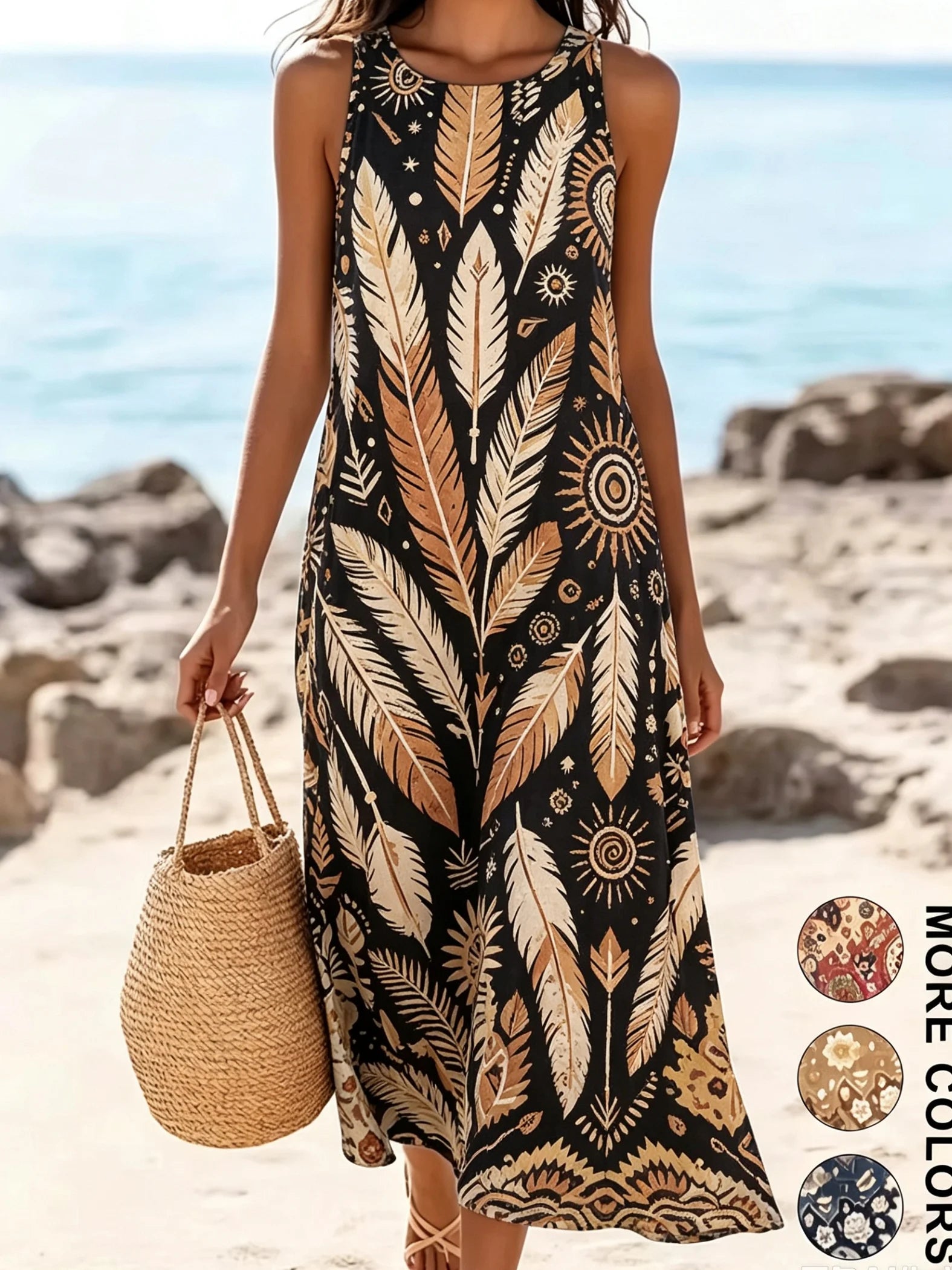 Women's Bohemian Floral Sleeveless MIDI Sundress with Pockets – Loose Sweetheart Beach Dress 2026