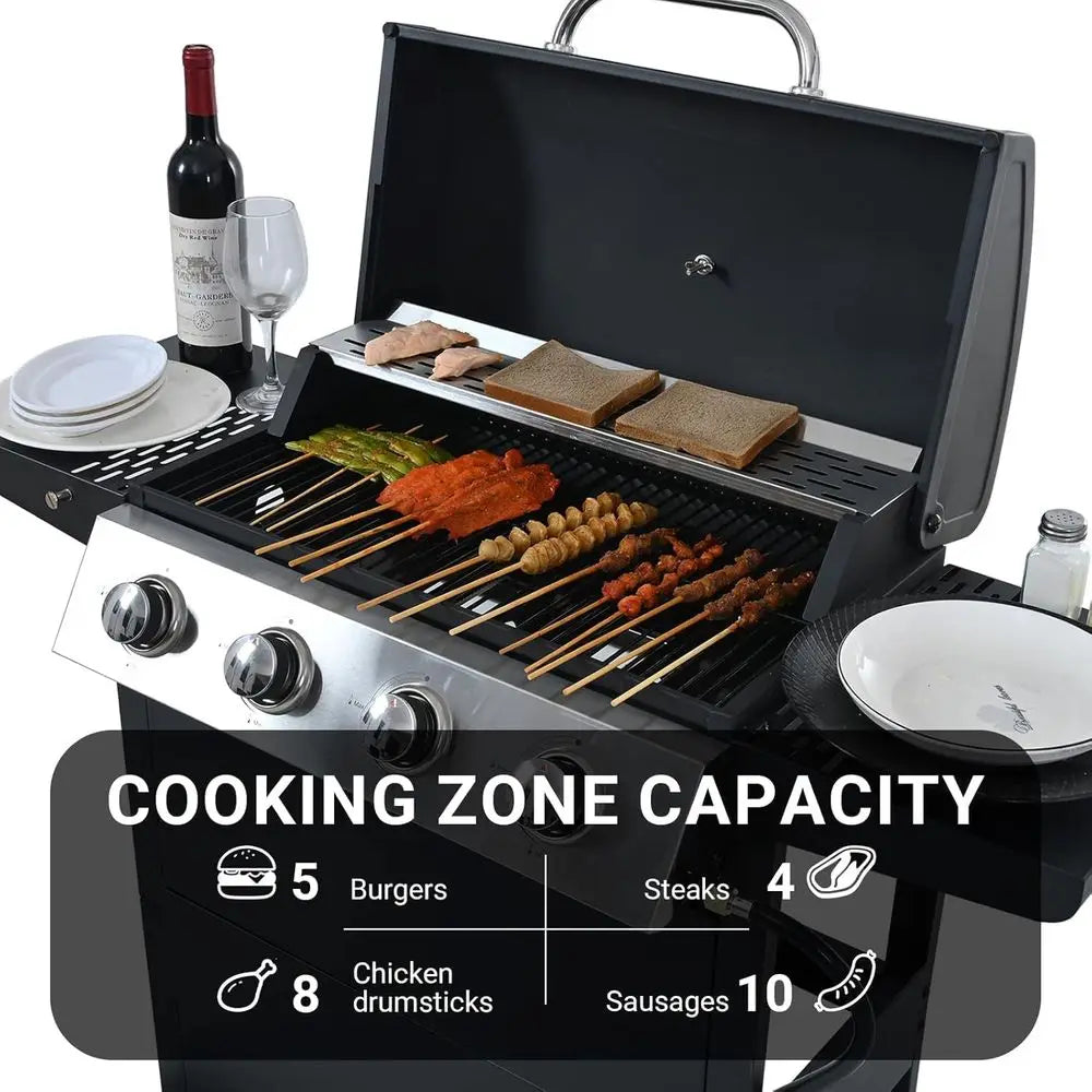 Portable 34,000 BTU 4-Burner Stainless Steel Gas Grill | Heat-Resistant Handle, Removable Grease Tray, Outdoor Patio, Backyard & Camping