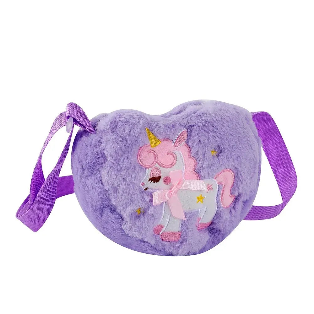 Cute Unicorn Plush Crossbody Bag for Kids — Heart Zipper Shoulder Bag Coin Purse Kids Gift