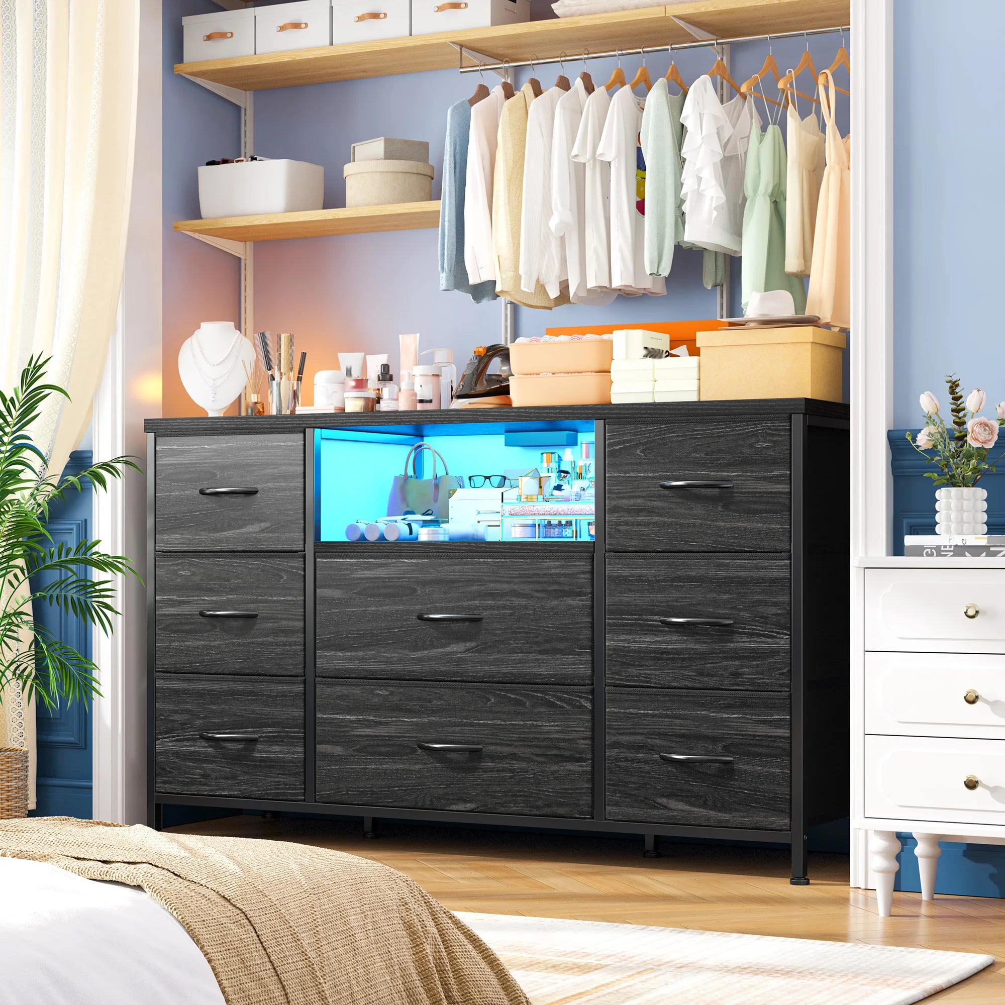 8-Drawer Media Dresser with LED Lighting & Built-In Charging Station — Fabric Storage Cabinet for 55" TVs
