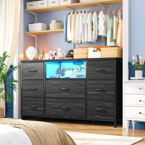 8-Drawer Media Dresser with LED Lighting & Built-In Charging Station — Fabric Storage Cabinet for 55" TVs