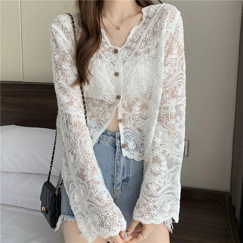 Women's Vintage Sheer Lace Blouse – Long Sleeve See-Through Sun Shirt Korean Style Casual Top