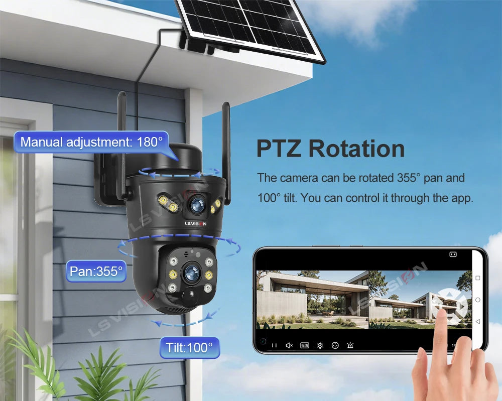 8MP Dual Lens Solar Security Camera – 4G/WiFi, PTZ 355°, PIR Human Detection, Night Vision | Outdoor CCTV