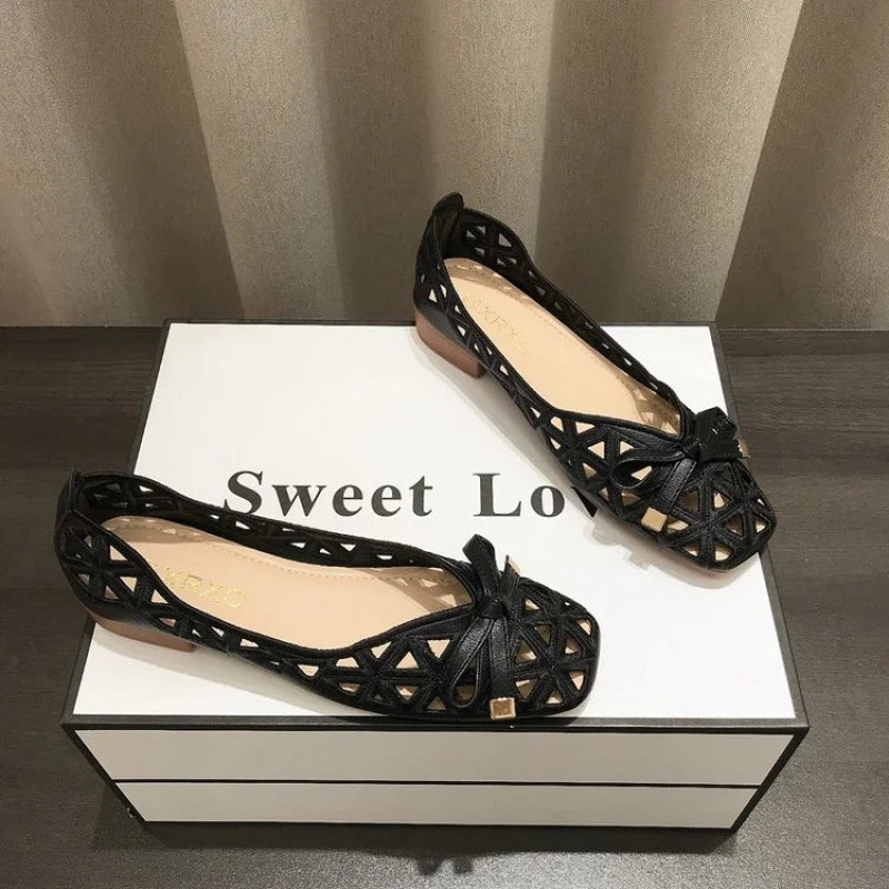 Elegant Ladies' Lace-up Bow Flat Shoes, Breathable Mesh Hollow Out Loafers, Comfortable Walking Shoes for Daily Wear