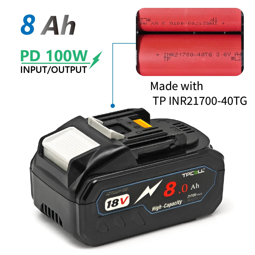 TPCELL PD100W Makita 18V Replacement Battery – 8Ah/10Ah Li-ion with USB-C Connector & 21700 Tabless Cells