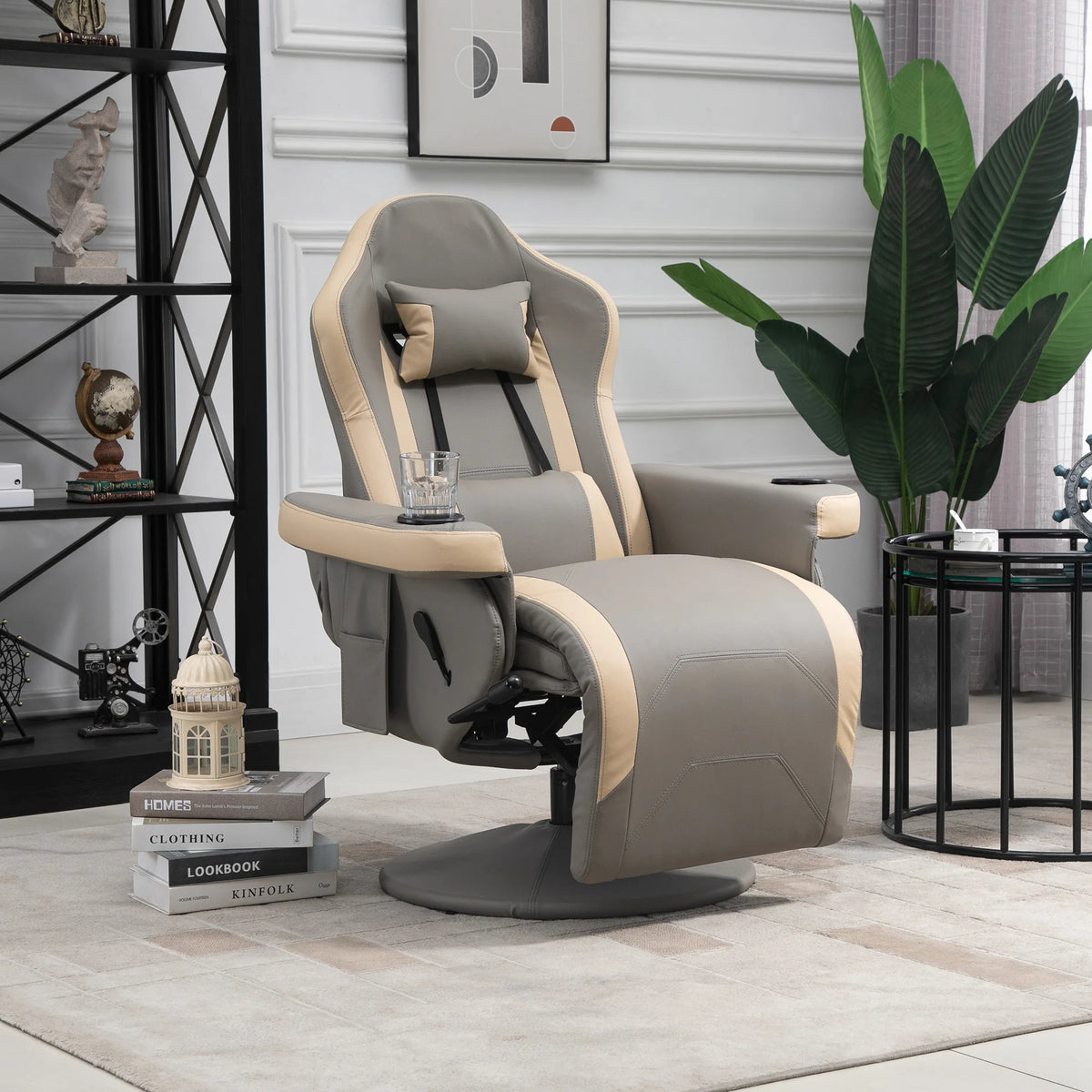 Faux Leather Swivel Recliner with Cup Holders