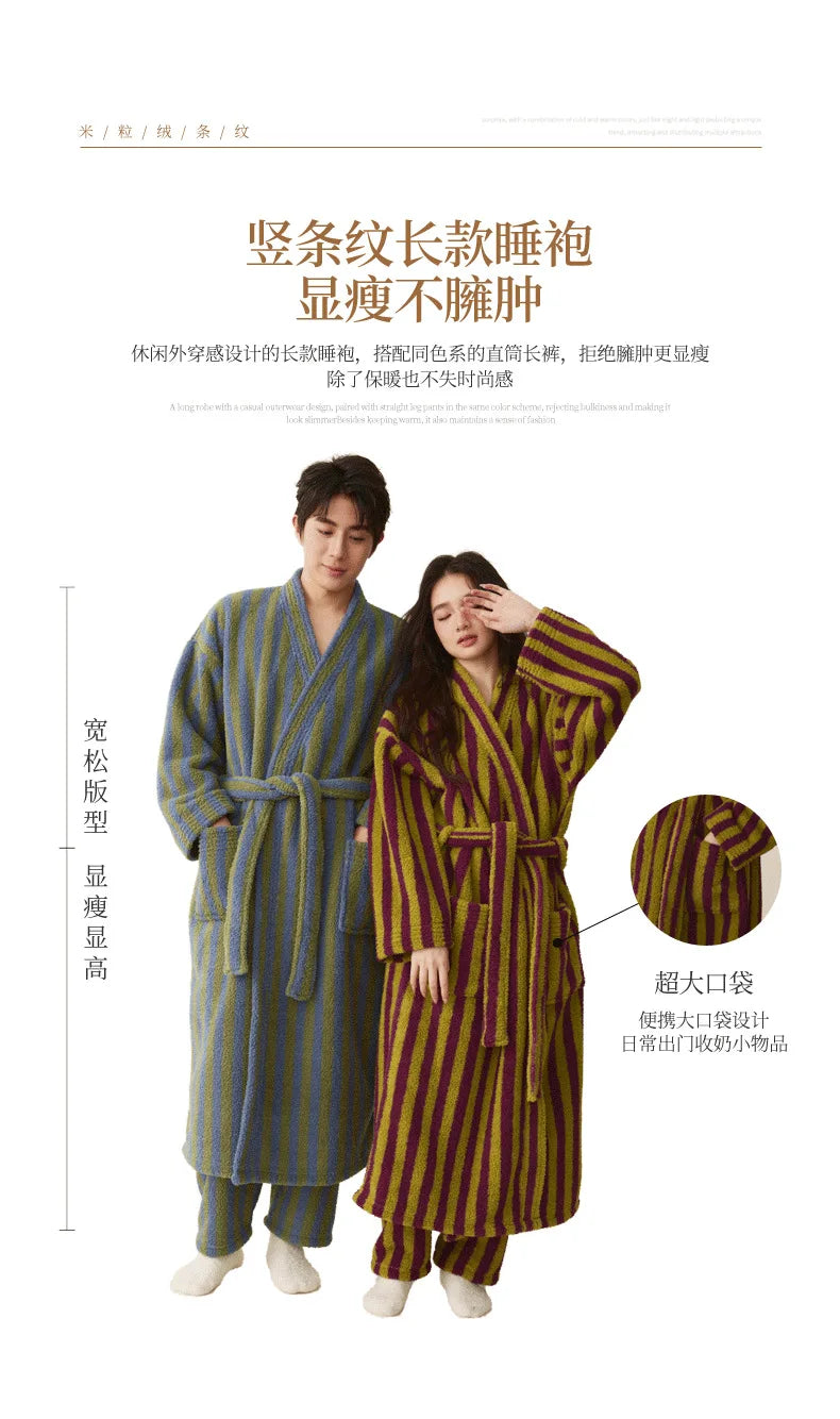Women's Coral Velvet Striped Fleece Robe | Thick Plush Dressing Gown Loungewear