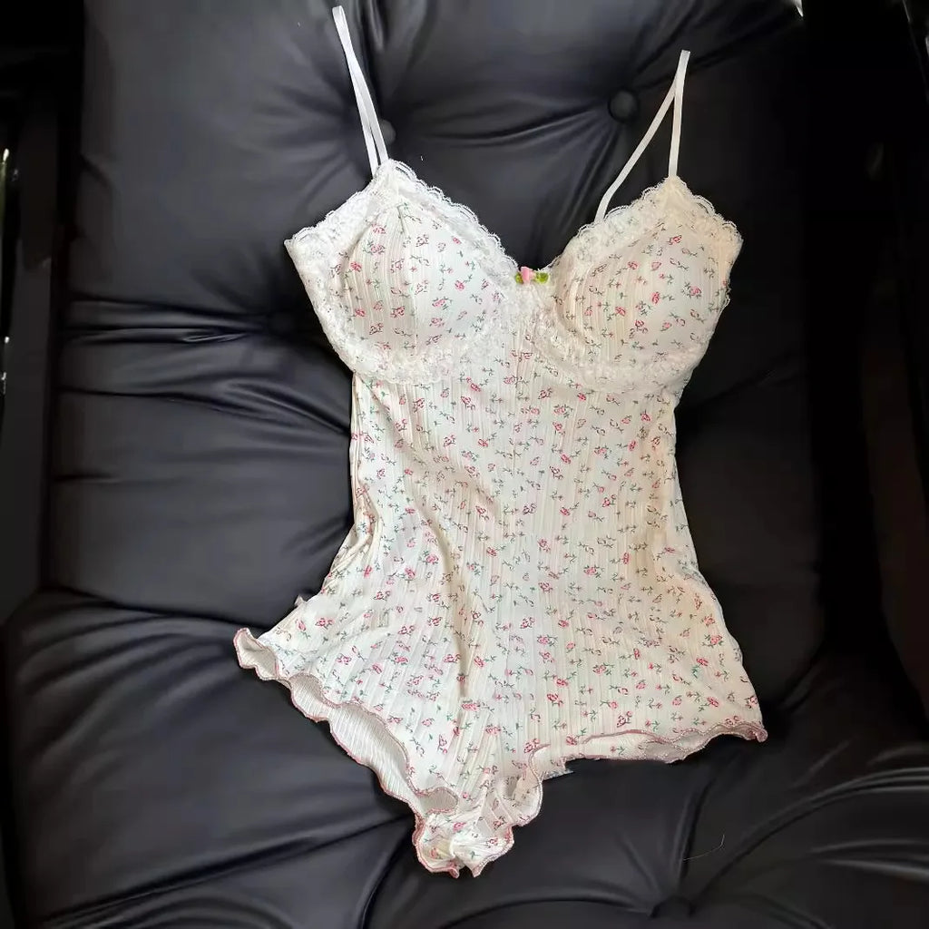 Floral Print Lace Bodysuit – Sleeveless Slim Fit Leotard Romper for Women