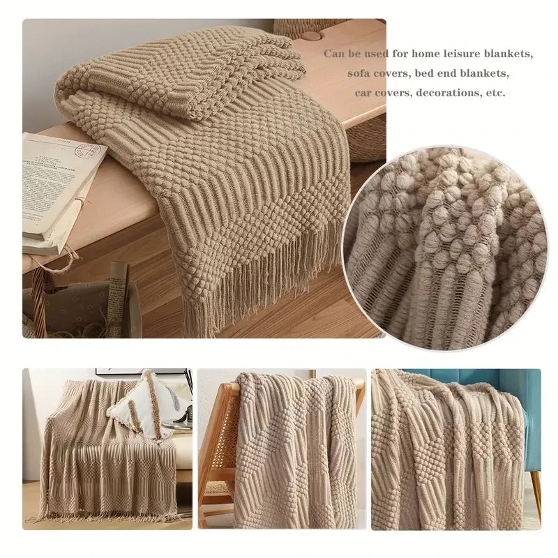 Knitted Acrylic Throw Blanket with Tassels – Chunky Farmhouse Style, 28 Colors & 2 Sizes