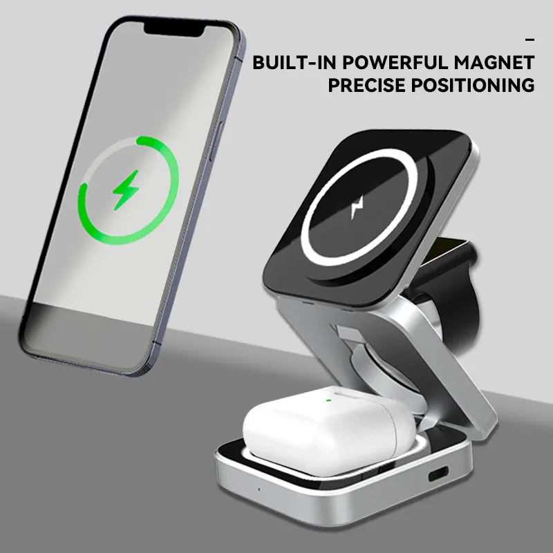 Foldable 3-in-1 Magnetic Wireless Charging Station for iPhone 12–17, Apple Watch & AirPods – Travel Charger