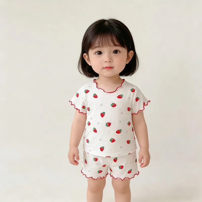Baby Girl Strawberry Pajamas Set | Short Sleeve 2-Piece Toddler Summer Sleepwear