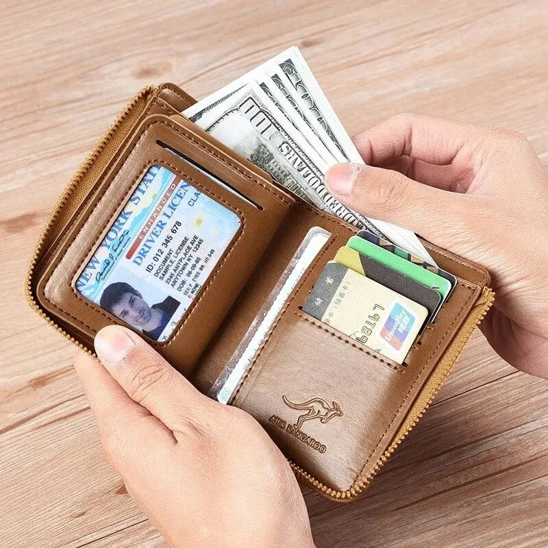 Men's RFID Leather Business Wallet – Zipper Card Holder Purse with RFID Protection
