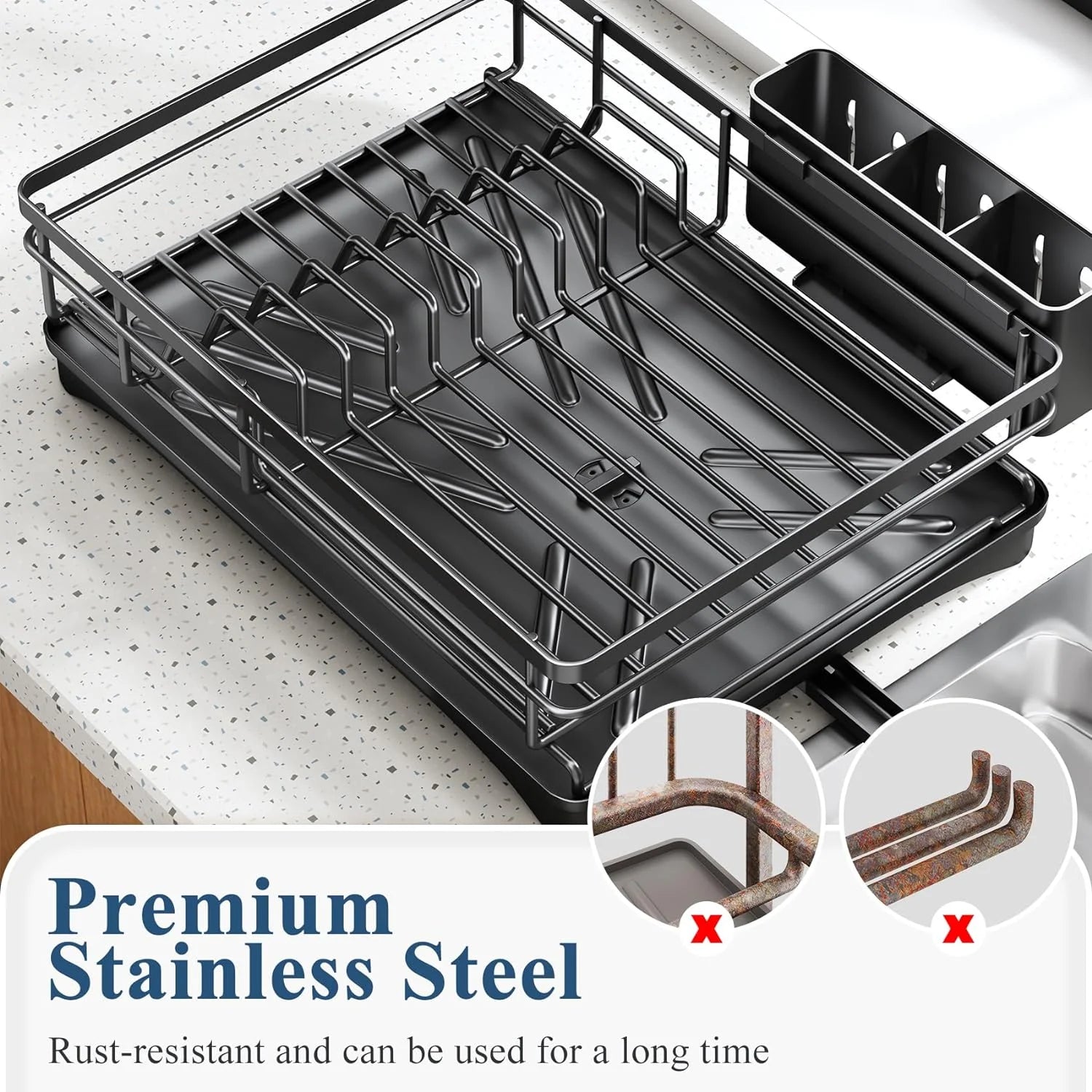 Large Dish Drying Rack with Drainboard — Rustproof Dish Drainer with Utensil Holder