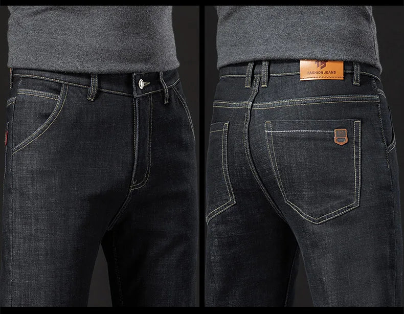 Men's Fleece-Lined Straight Denim Jeans — Warm Thick Winter Stretch Jeans