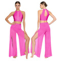 Women's Dance Performance Costume – Shiny Crop Top & Sheer Pants for Skating, Gymnastics & Ballet