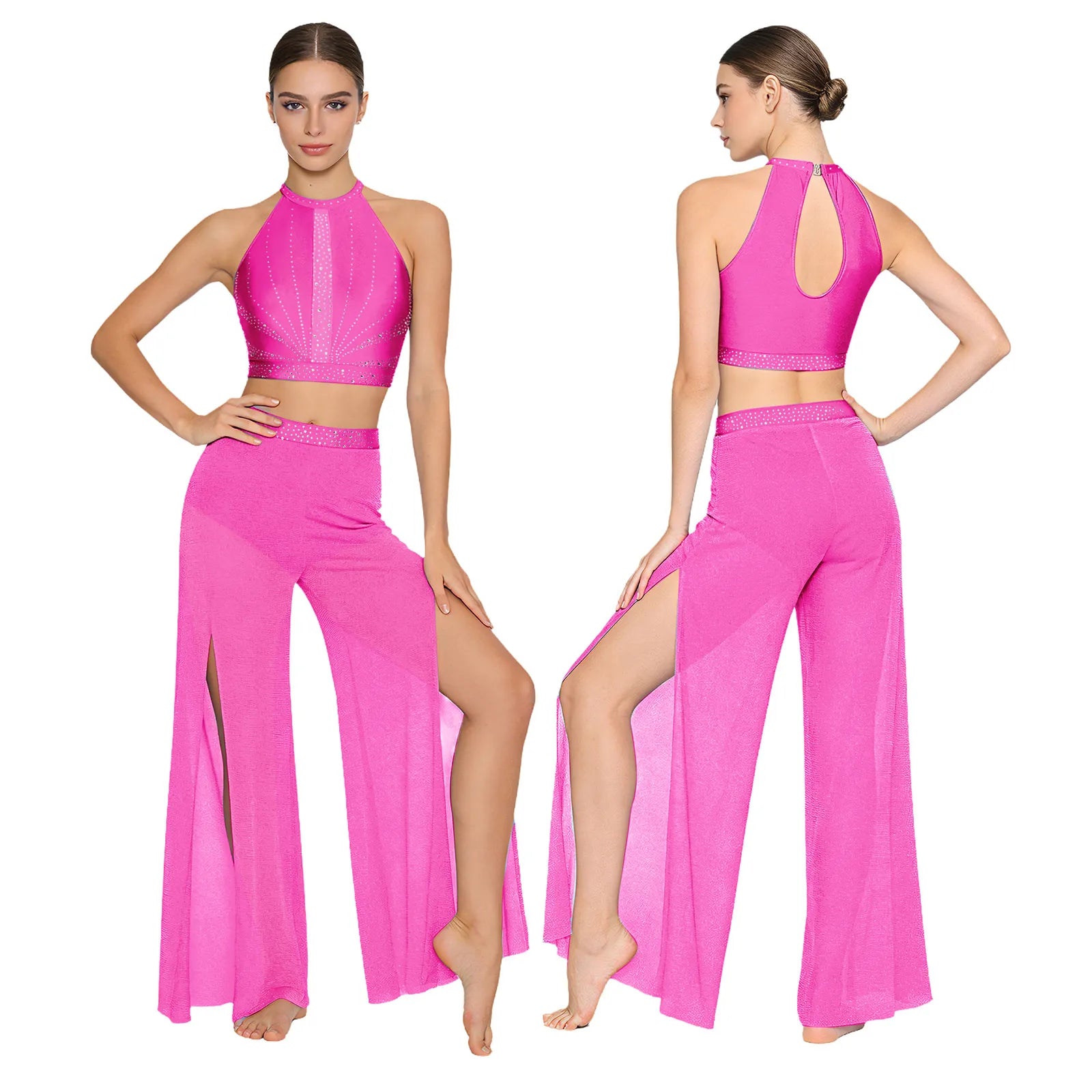 Women's Dance Performance Costume – Shiny Crop Top & Sheer Pants for Skating, Gymnastics & Ballet