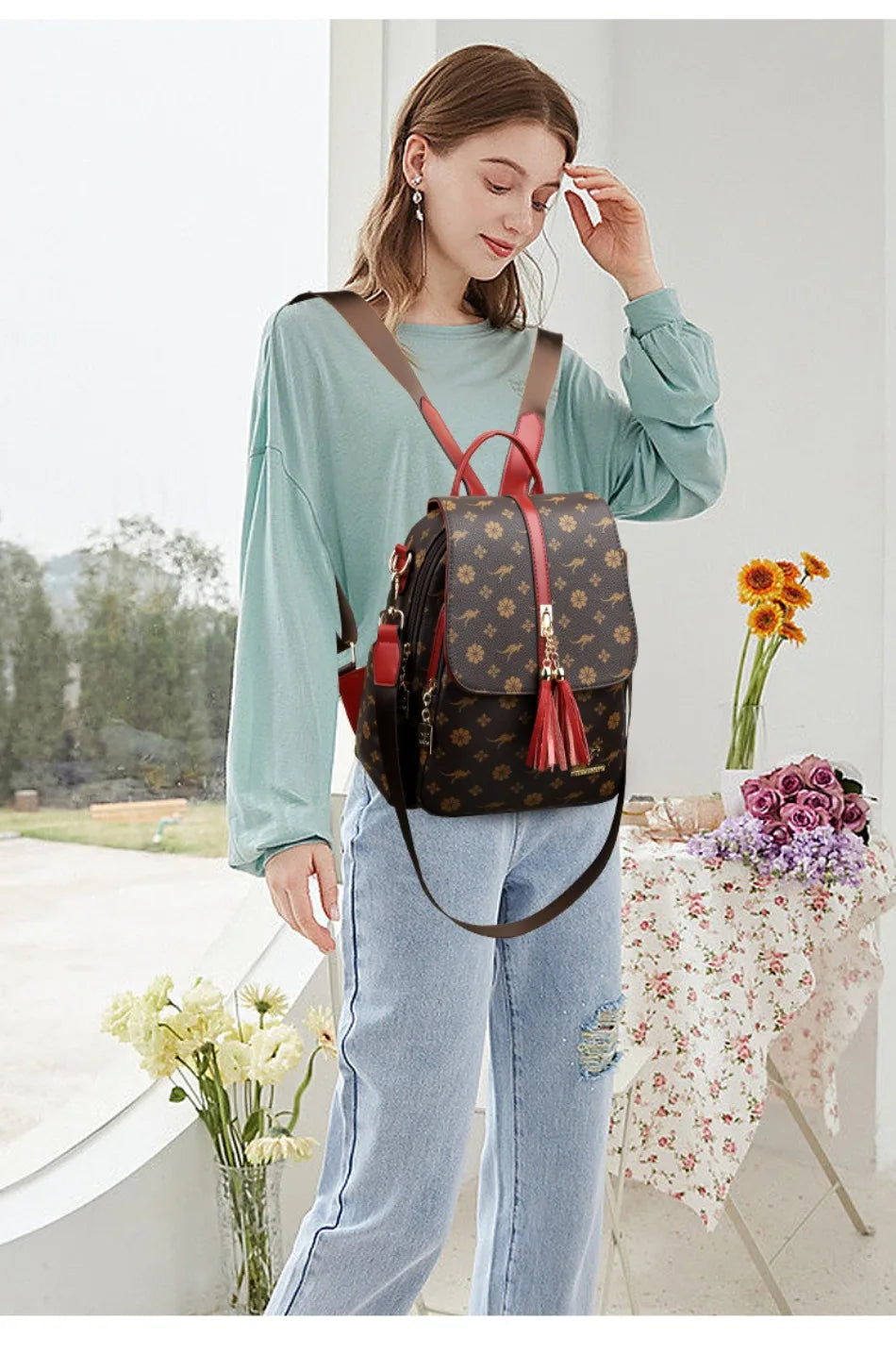 Women's Luxury Leather Backpack – Vintage Print Tassel Fashion Bag