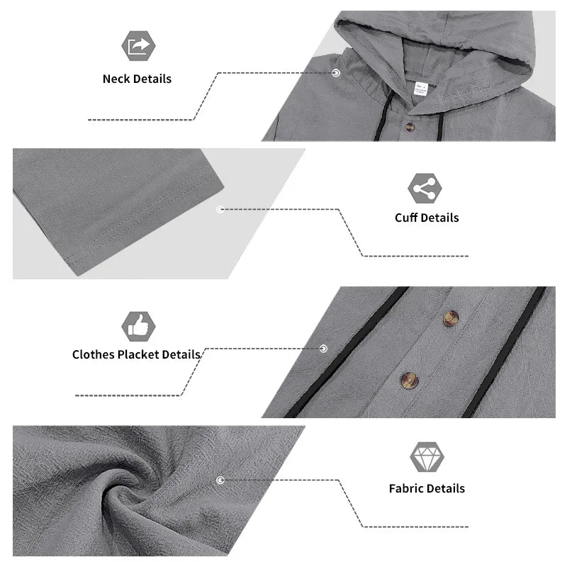 Men's Linen Casual Loose Hooded Henley Shirt & Long Pants Set – Relaxed Autumn 2-Piece Suit