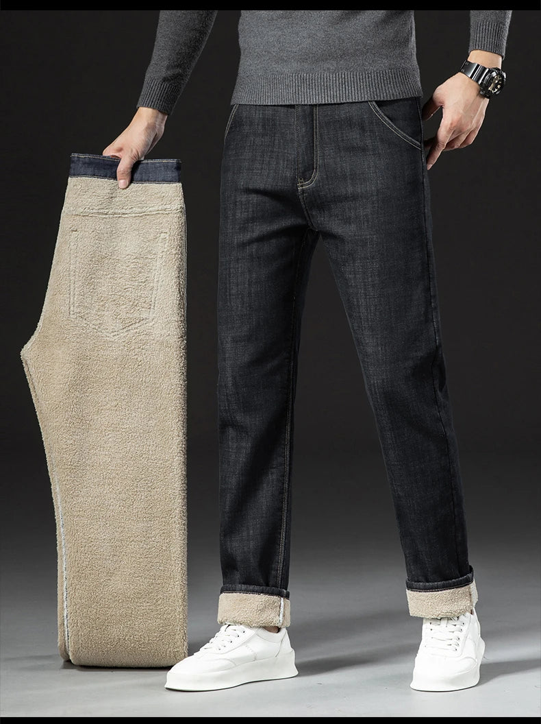 Men's Fleece-Lined Straight Denim Jeans — Warm Thick Winter Stretch Jeans