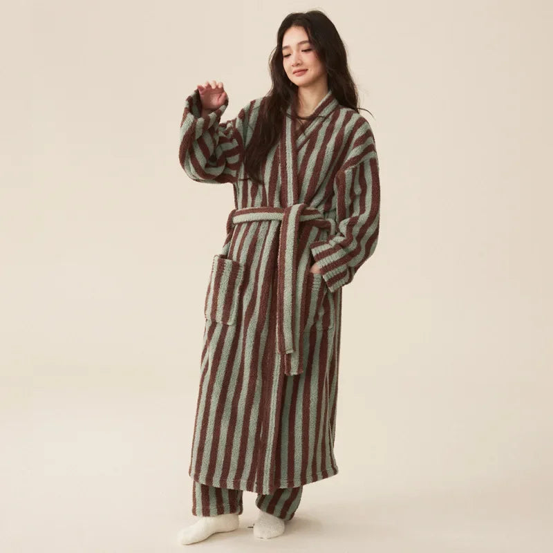 Thickened Flannel Robe & Pants Pajamas Set | Couple Coral Velvet Striped Bathrobe Homewear