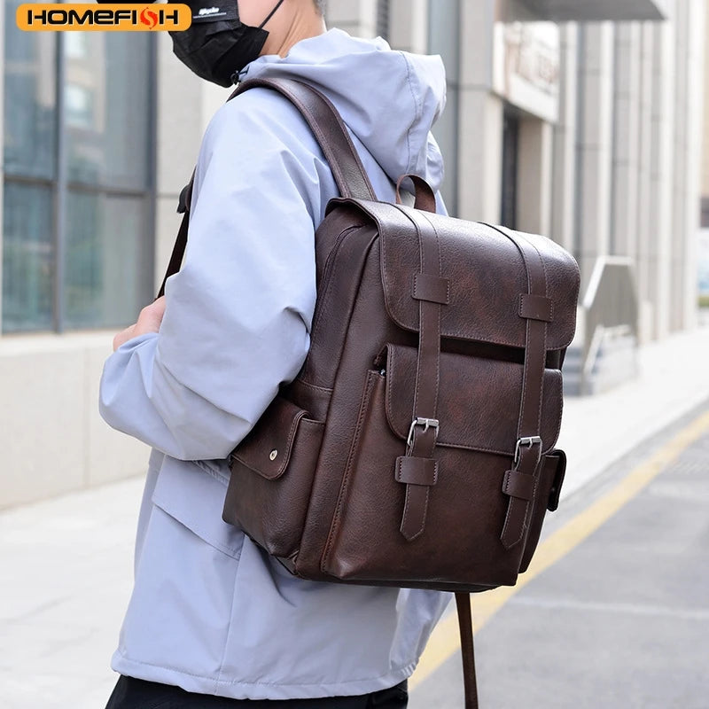 HOMEFISH PU Leather Backpack – Large Capacity Casual Daypack with 5 Pockets