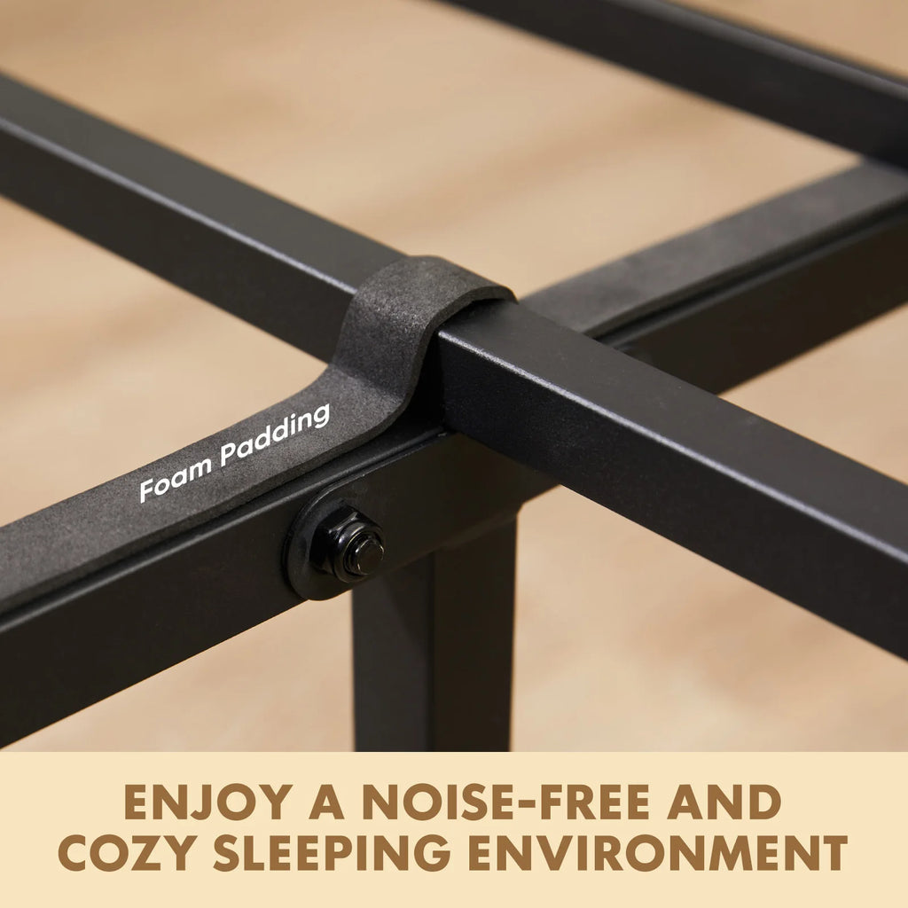 MCQ Metal Platform Bed Frame with Wooden Headboard — 700LBS