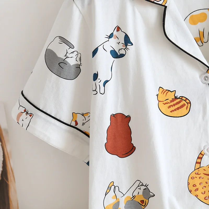 Women's Japanese Style 100% Cotton Cartoon Pajama Set | Short Sleeve & Shorts Sleepwear