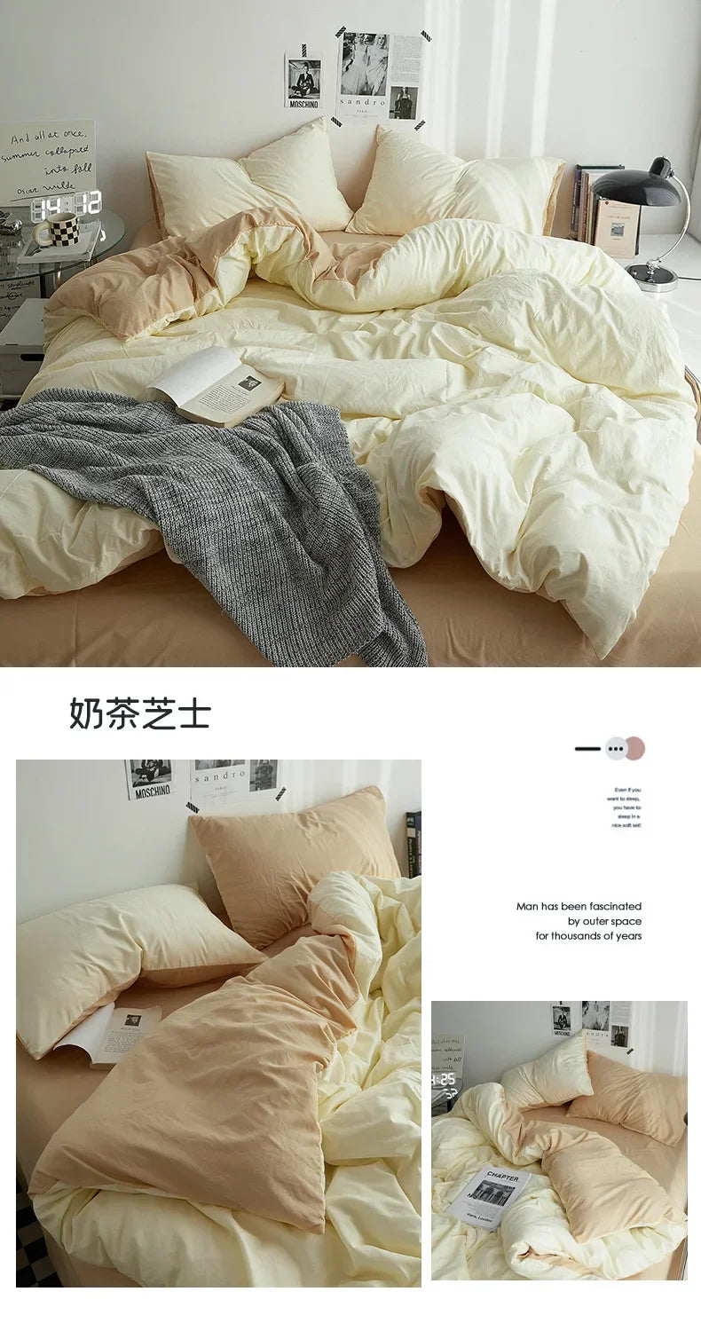 Solid Color Washed Cotton Bedding Set – 4-Piece Duvet Cover, Bed Sheet & Pillowcases, Twin to King