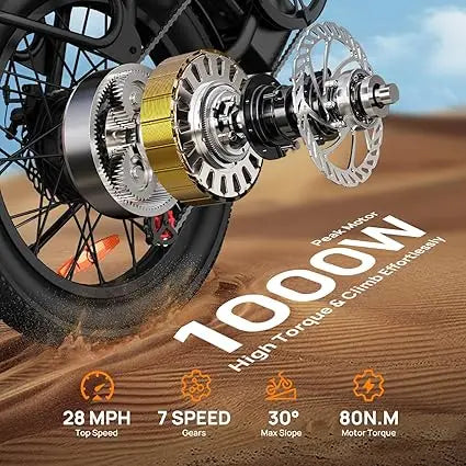 URLIFE E20 1000W Fat Tire Electric Bike — 48V 13Ah, 28MPH, 80-Mile Range, 7-Speed, Dual Disc Brake