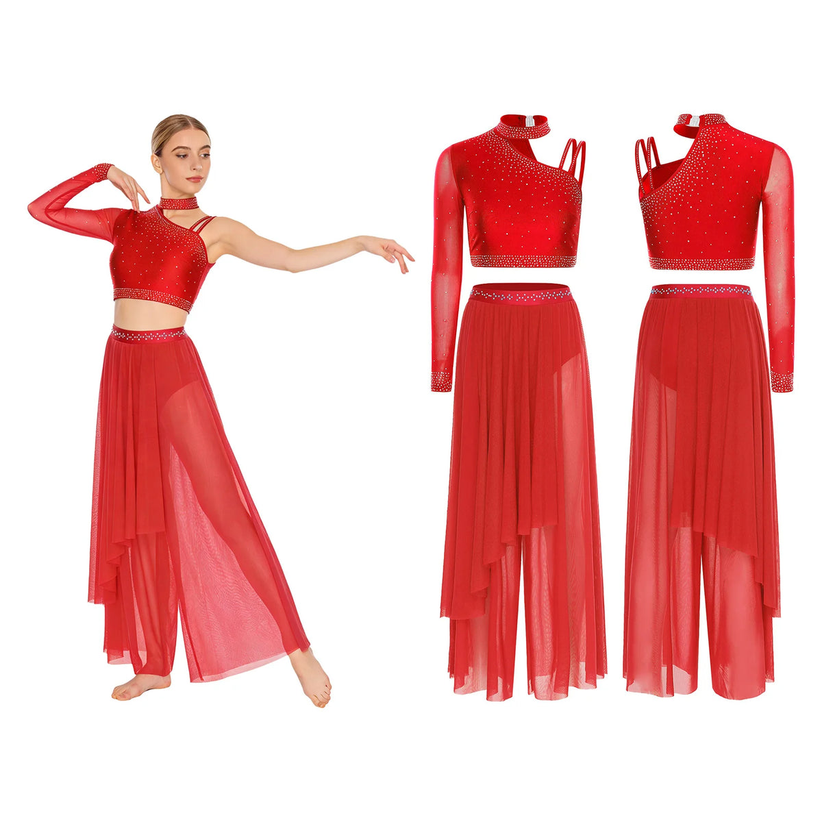 Women's Dance Performance Costume – Shiny Crop Top & Sheer Pants for Skating, Gymnastics & Ballet