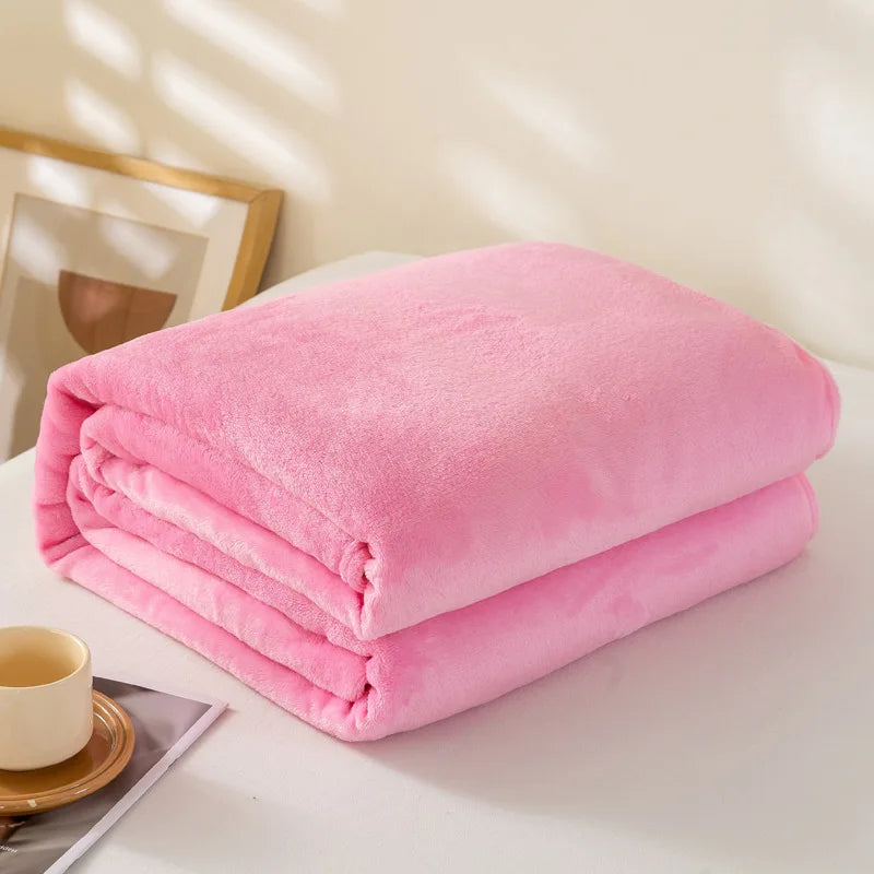 Coral Fleece Flannel Blanket – Solid Blue & Pink Soft Warm Bedspread & Sofa Cover
