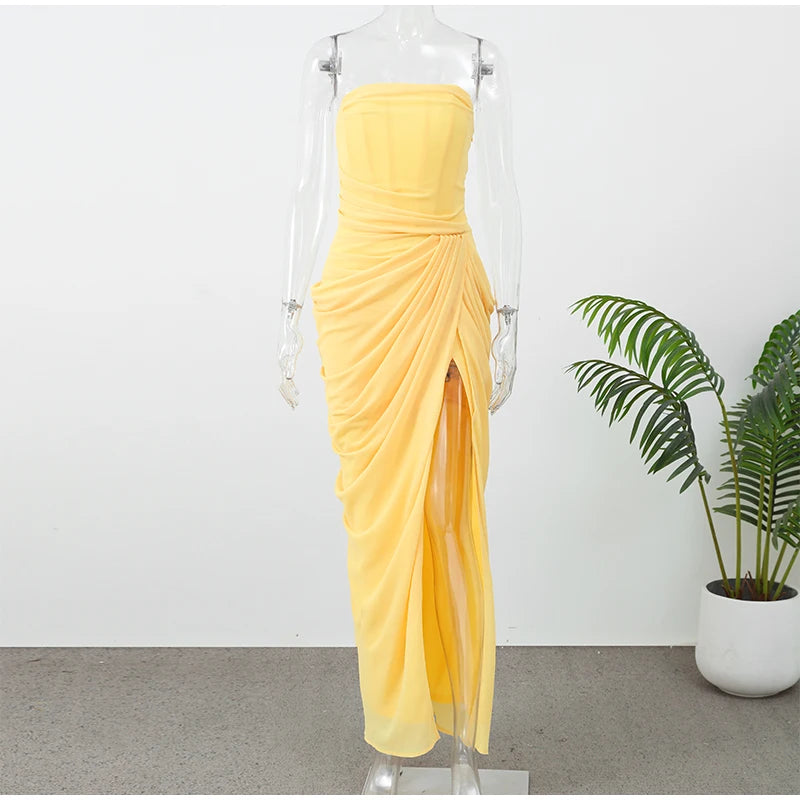 Elegant Yellow Strapless Pleated Maxi Gown — Waist-Cinching Split Evening Dress