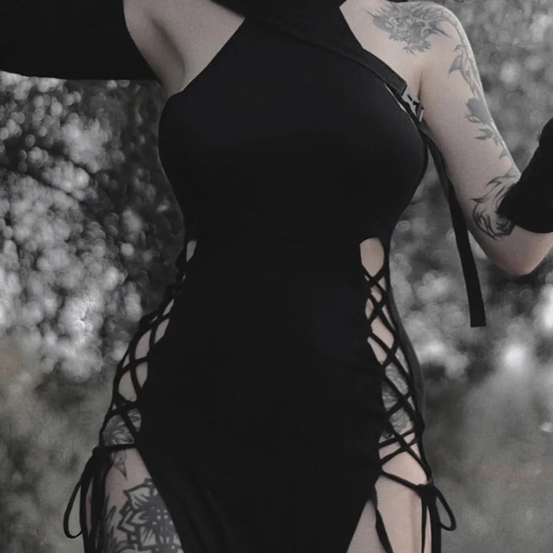Gothic Halter Bandage Midi Dress — High Split Sexy Alt Partywear