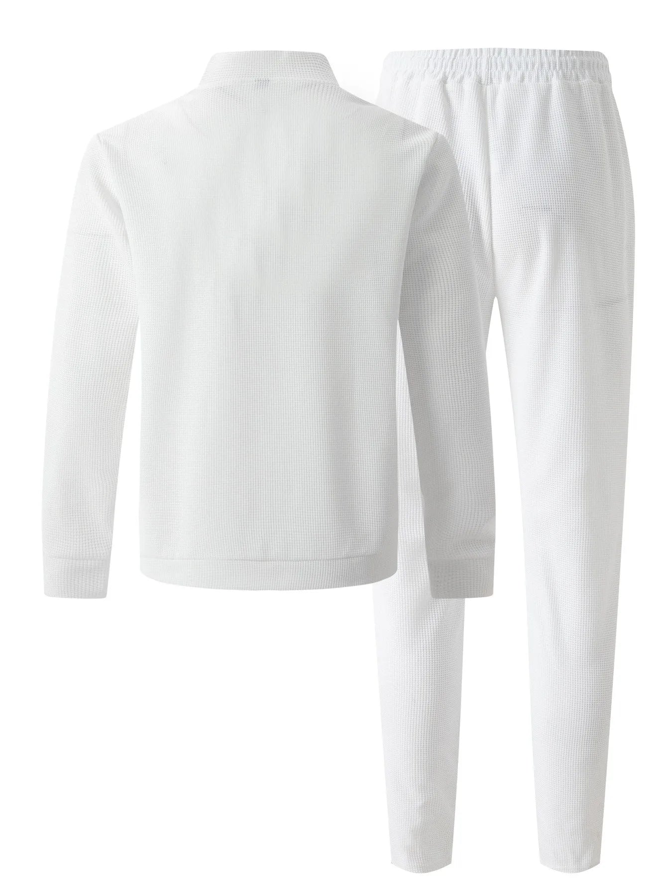 Men's Solid Color Waffle Knit Baseball Tracksuit – Stand Collar Zip Jacket & Drawstring Pants
