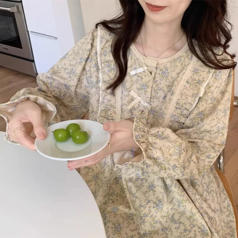 Women's Plus Size Garden Style Pajama Set | Korean Bow Homewear Long Sleeve