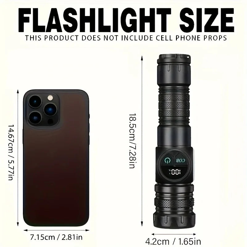 Magnetic Tactical LED Flashlight with COB Side Light – USB Rechargeable, 5 Modes, Zoomable