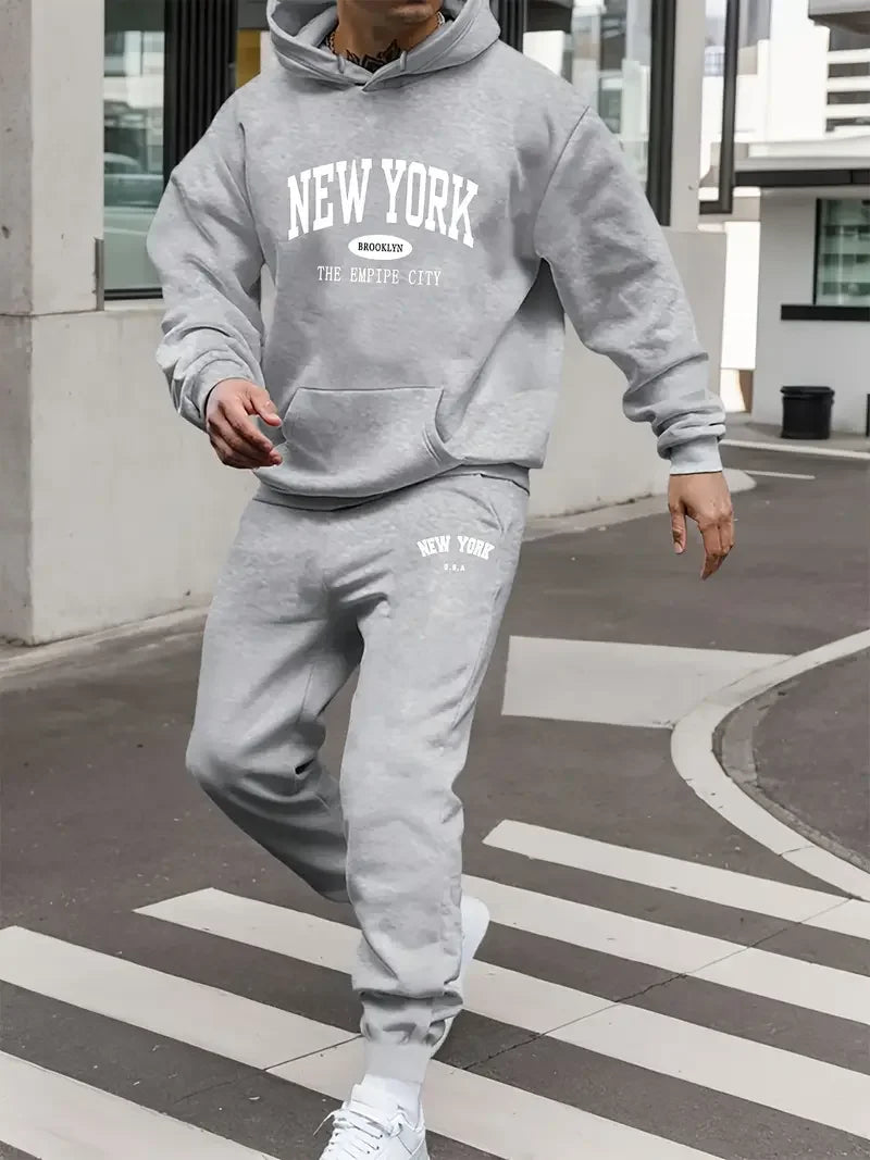 Men's Velvet Thickened New York Letter Print Hoodie & Pants Set – Casual Comfortable Spring Autumn