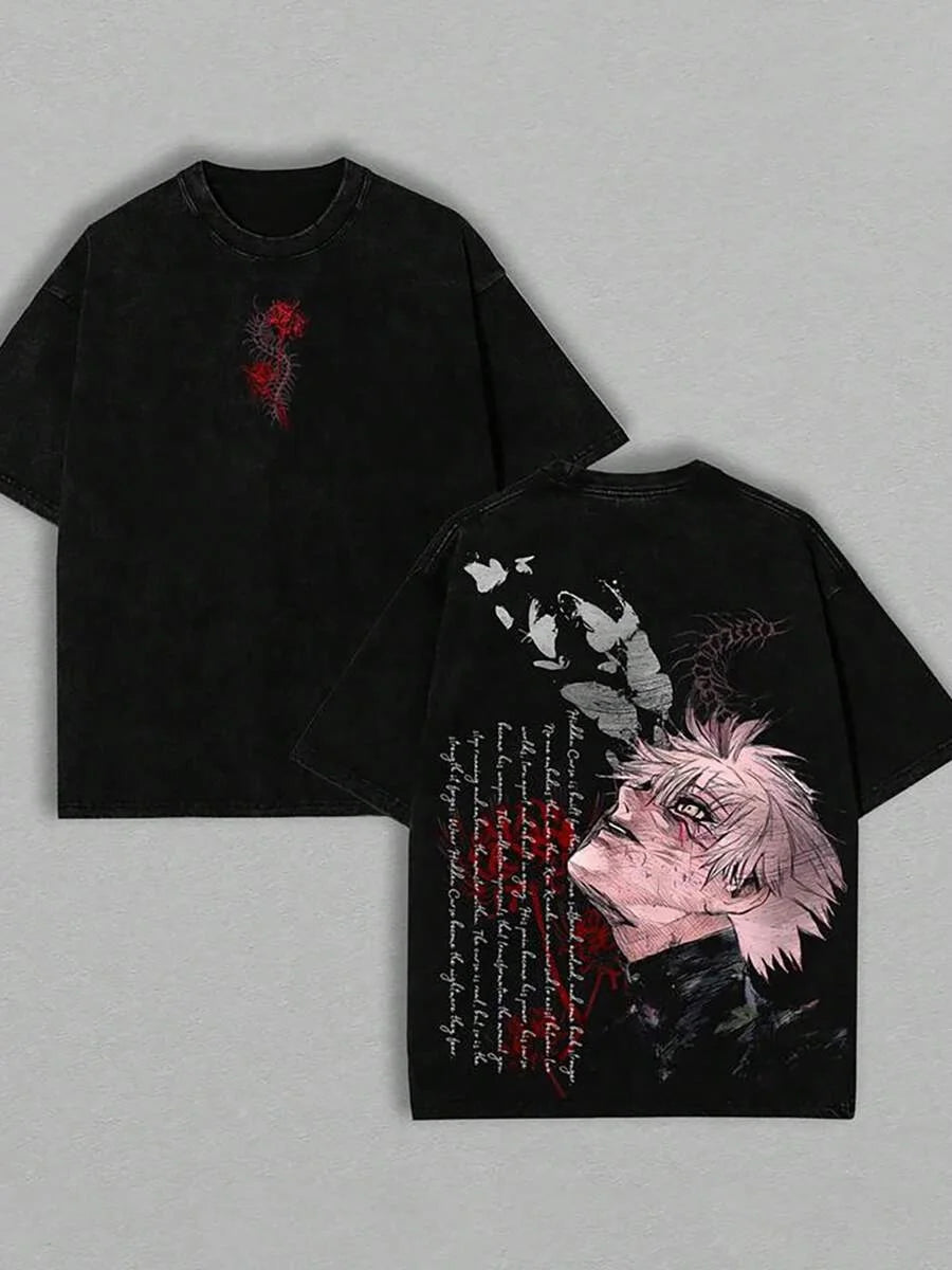 Kaneki Ken Tokyo Ghoul Anime Graphic T-Shirt — Washed Cotton Harajuku Retro Tee
