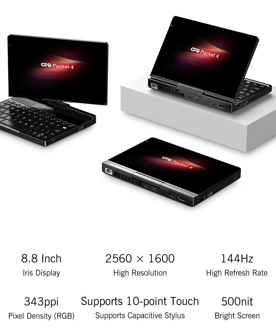 GPD Pocket 4 8.8" Mini Laptop – AMD Ryzen AI 9 HX 370, Up to 64GB LPDDR5X, 2TB NVMe, 144Hz Touch, Windows 11