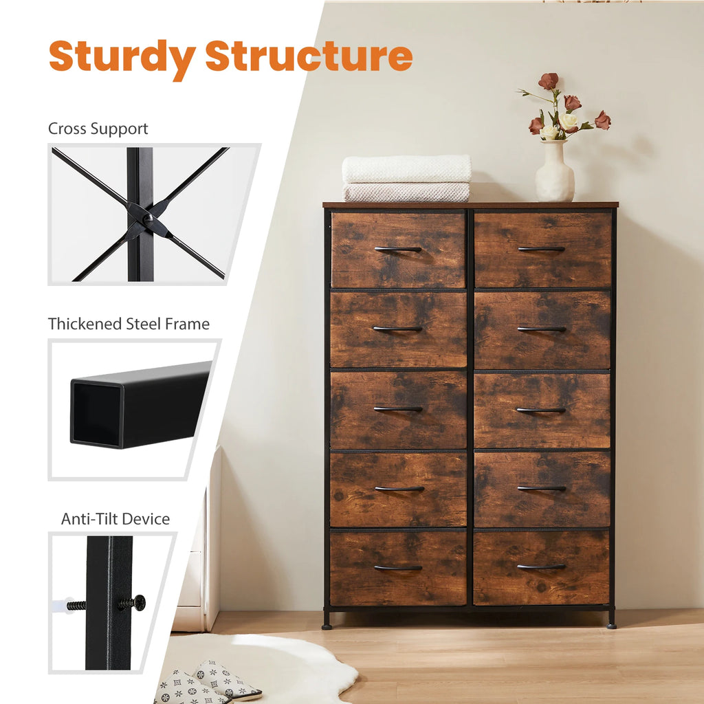 JHK 10-Drawer Fabric Wardrobe Storage Cabinet — Steel Frame