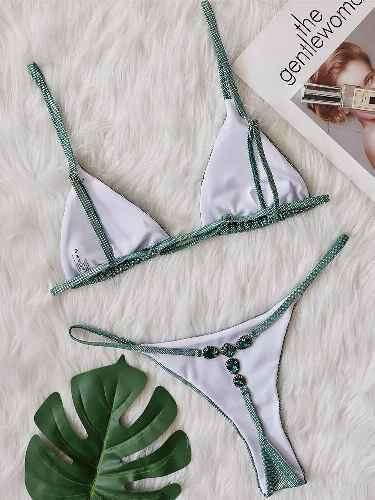 Extreme Mini Micro G-String Diamond Bikini | Rhinestone Halter, 2-Piece Swimsuit, Women's Swimwear 2026 S-L