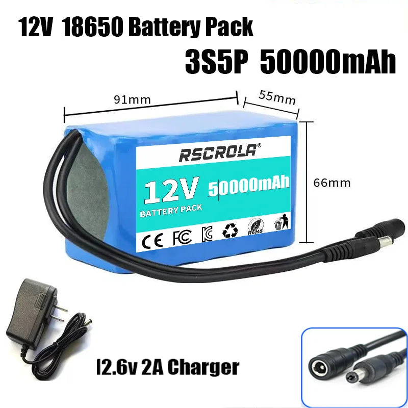 Rechargeable 12V 18650 Lithium Battery Pack with BMS – For Solar, LED Light, RC Model & Power Supply with Charger