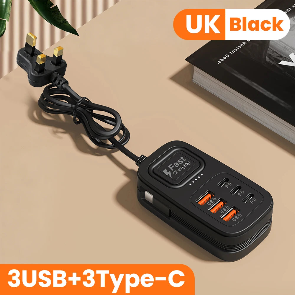 6-Port USB Fast Charging Station – 3 USB-C + 3 USB-A, Desktop Power Strip Hub, EU/UK/US Plug